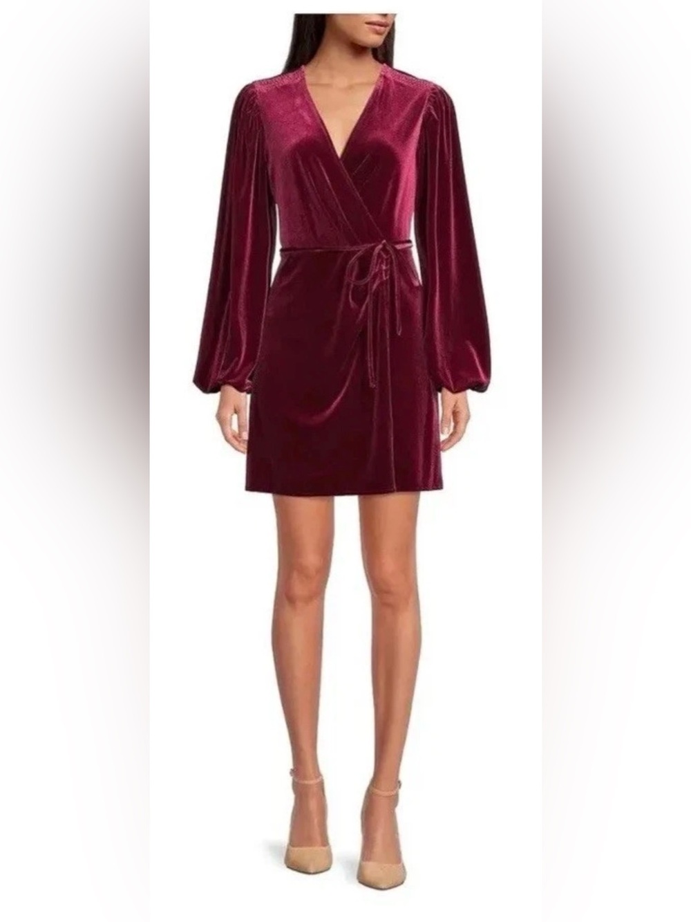 Gianni Bini Velvet Merlot Red Long Sleeve V-Neck Wrap Mini Party Dress NWT